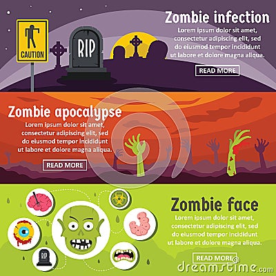 Zombie coming banner horizontal set, flat style Vector Illustration