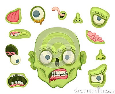 Zombie creation kit. Scary portrait with different parts for halloween party Vector Illustration