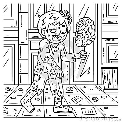 Zombie Eating Brain on a Stick Coloring Pages Vector Illustration