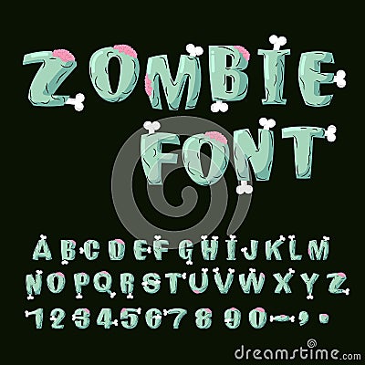 Zombie font. Bones and brains. Living dead alphabet. Green terri Vector Illustration