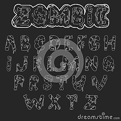 Zombie font. Cartoon green vector letters with brains and bones. Monster, halloween, scary picture. Vector Illustration