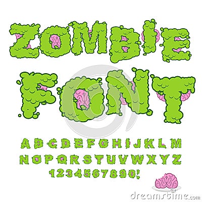 Zombie font. Scary Green letters and brain. Horrible Halloween A Vector Illustration