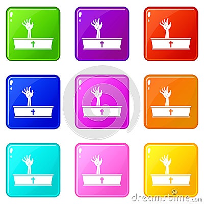 Zombie hand coming out of his coffin icons 9 set Vector Illustration