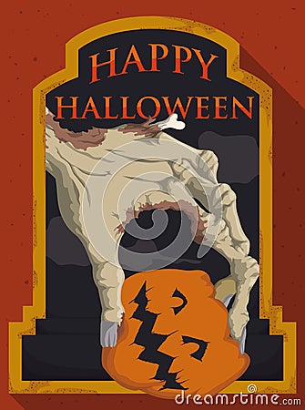 Zombie Hand Holding a Pumpkin in a Halloween Night, Vector Illustration Vector Illustration