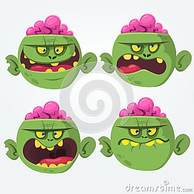 Zombie head scary spooky emotion flat icons set cartoon. Vector Illustration