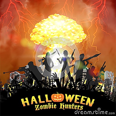 Zombie hunter group with nuclear bomb background Vector Illustration