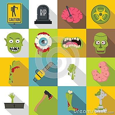 Zombie icons set parts, flat style Vector Illustration