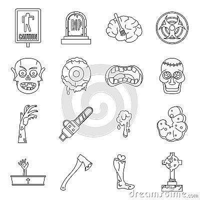 Zombie icons set parts, outline style Vector Illustration