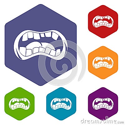 Zombie mouth icons set hexagon Vector Illustration