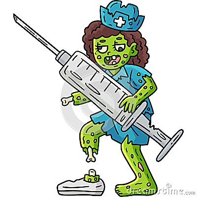 Zombie Nurse with Syringe Cartoon Colored Clipart Vector Illustration