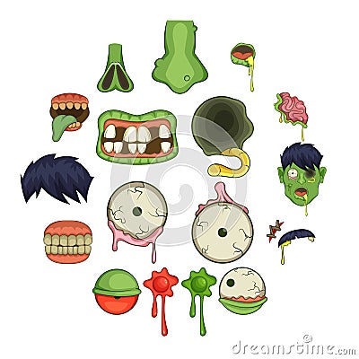 Zombie parts icons set, cartoon style Vector Illustration