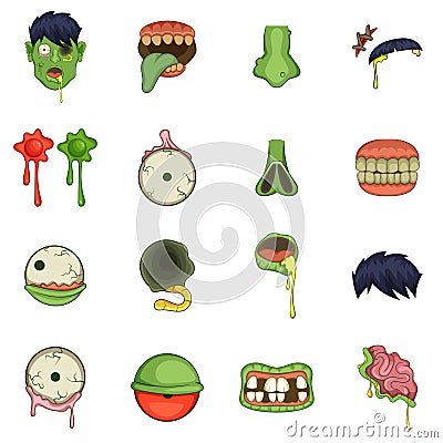 Zombie parts icons set, cartoon style Vector Illustration