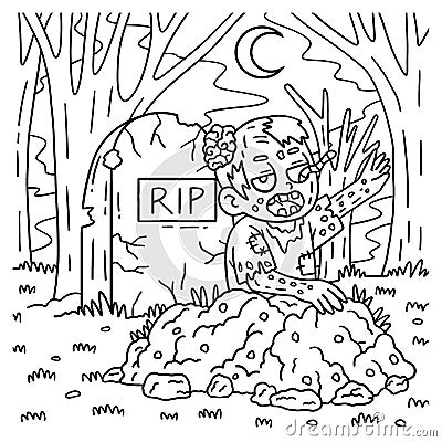 Zombie Rising from the Grave Coloring Pages Vector Illustration