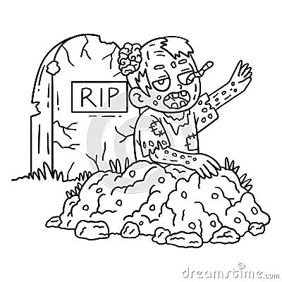 Zombie Rising from the Grave Isolated Coloring Vector Illustration