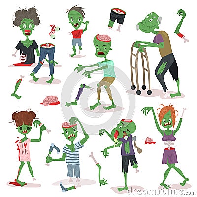 Zombie scary cartoon people character Halloween people body parts group of cute green character monsters vector Vector Illustration