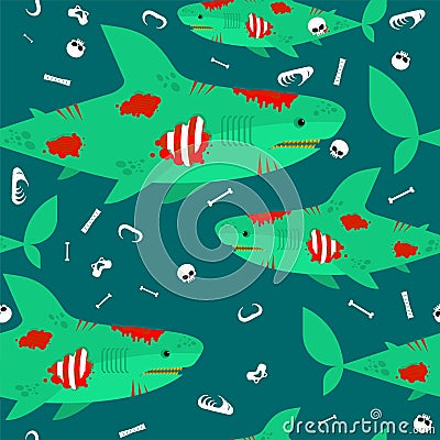 Zombie shark pattern seamless. sea predator is dead background. Green monster fish ornament Vector Illustration