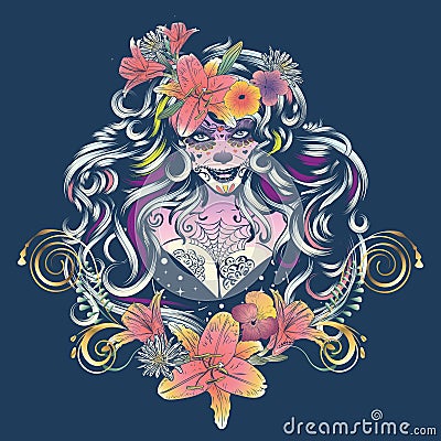 Sugar skull witch woman in flower crown portrait Vector Illustration