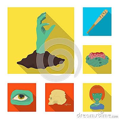 Zombies and Attributes flat icons in set collection for design. Dead man vector symbol stock web illustration. Vector Illustration