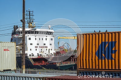 Montreal port scene with boat and containers Editorial Stock Photo