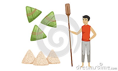 Zongzi as Rice Dumpling Wrapped in Bamboo Leaves for Dragon Boat Festival and Man with Oar Vector Set Vector Illustration