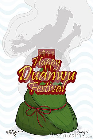 Zongzi Dumpling with Dragon in the Steam Celebrating Duanwu Festival, Vector Illustration Stock Photo