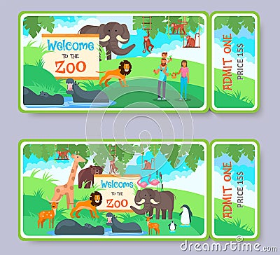 Zoo admission ticket vector template set Vector Illustration