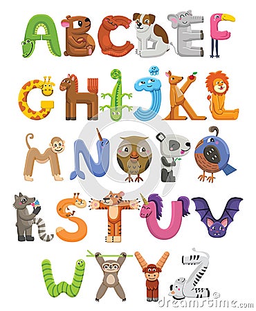 Zoo alphabet. Animal alphabet. Letters from A to Z. Cartoon cute animals isolated on white background Vector Illustration