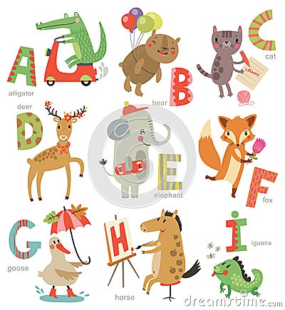 Zoo Alphabet for children. Set of letters and illustrations. Cute animals Vector Illustration