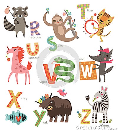 Zoo Alphabet for children. Set of letters and illustrations. Cute animals Vector Illustration