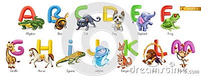 Zoo alphabet. Funny animals, 3d vector icons set. Letters A - M Part 1 Vector Illustration