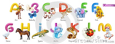 Zoo alphabet. Funny animals, 3d vector icons set. Letters A - M Part 1 Vector Illustration
