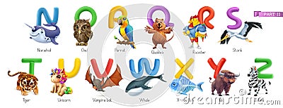 Zoo alphabet. Funny animals, 3d vector icons set. Letters N - Z Part 2 Vector Illustration