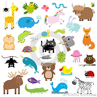 Zoo animal set. Cute cartoon character collection. Isolated. White background. Baby children education. Alligator, bear, cat, duck Vector Illustration