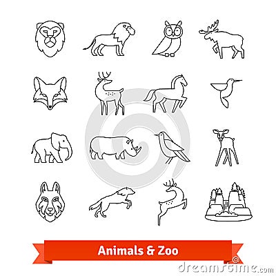 Zoo animals and birds. Thin line art icons set Vector Illustration
