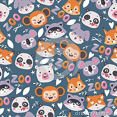 Zoo animals seamless pattern, vector illustration. Cute cartoon characters, smiling faces of raccoon, panda, koala, fox Vector Illustration