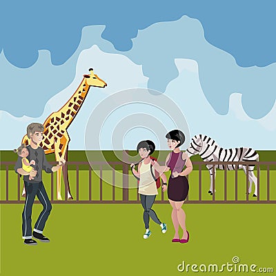 Zoo cartoon people with animals scene Vector Illustration