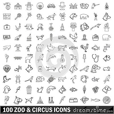 100 zoo and circus icons set, outline style Vector Illustration