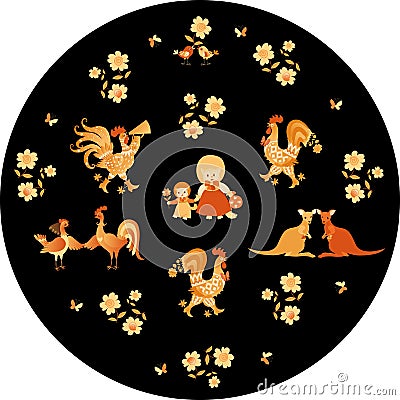 Zoo. Decorative round plate with cute cartoon cock, chicken, kangaroo, cat and kitten, birds and flowers in golden tones Vector Illustration