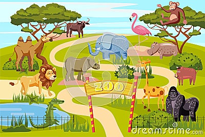 Zoo entrance gates cartoon poster with elephant giraffe lion safari animals and visitors on territory vector Vector Illustration