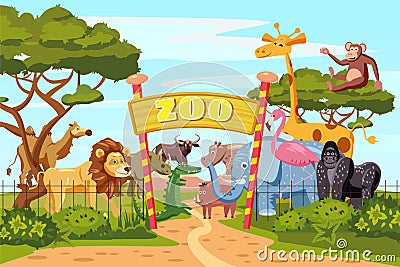 Zoo entrance gates cartoon poster with elephant giraffe lion safari animals and visitors on territory vector Vector Illustration