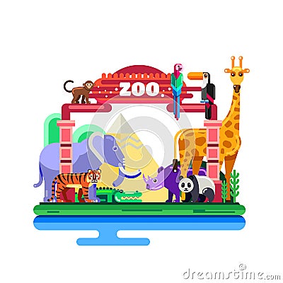 Zoo entrance, vector flat illustration isolated on white background. Colorful wild animals around gates. Vector Illustration