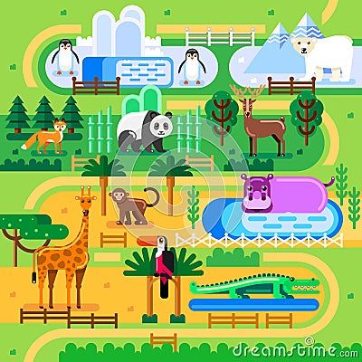 Zoo map concept. Wild animals in jungle family park, vector flat illustration. Summer fun background Vector Illustration