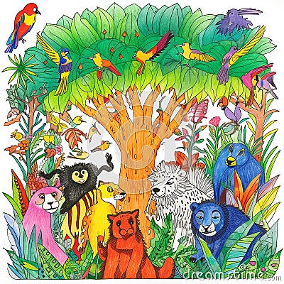 A zoo scene with animals in a kids crayon art style Stock Photo