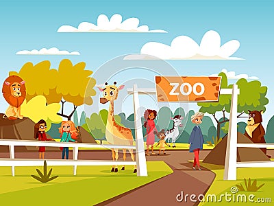 Zoo vector cartoon illustration or petting zoo with animals and visitors family and children Vector Illustration