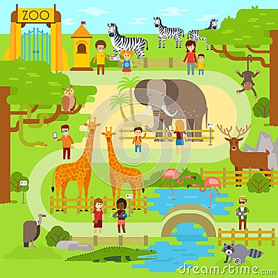 Zoo vector flat illustration. Animals vector flat design. Zoo infographic with elephant. People walk in the park, zoo Vector Illustration