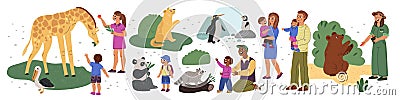 Zoo visitors. People in zoological garden. Exotic animals and human families. Safari park. Parent with children watching Vector Illustration