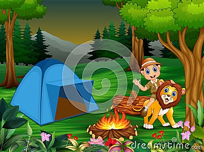 Zookeeper boy and a lion next to the tent and bonfire Vector Illustration