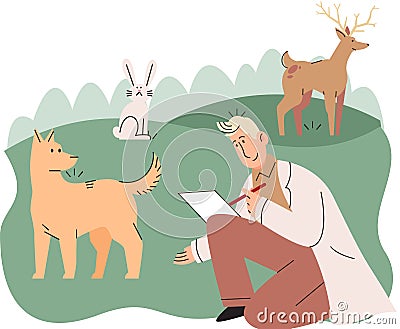 Zoologist study animals in their natural habitat. Scientist exploring and investigating fauna Vector Illustration
