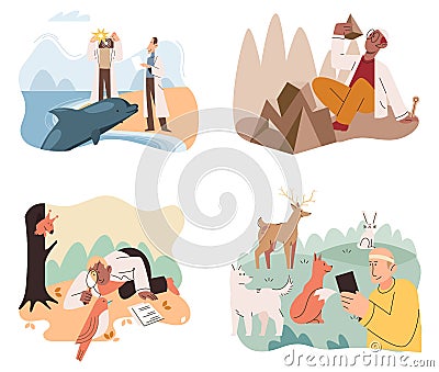 Zoologist study forest wild animals in their natural habitat. Study of living conditions wild animals in wildlife Vector Illustration