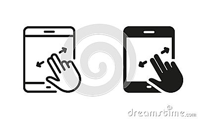 Zoom Action on Display Device. Swipe on Tablet Line and Silhouette Icon Set. Scroll Up in Digital Electronic Device Vector Illustration